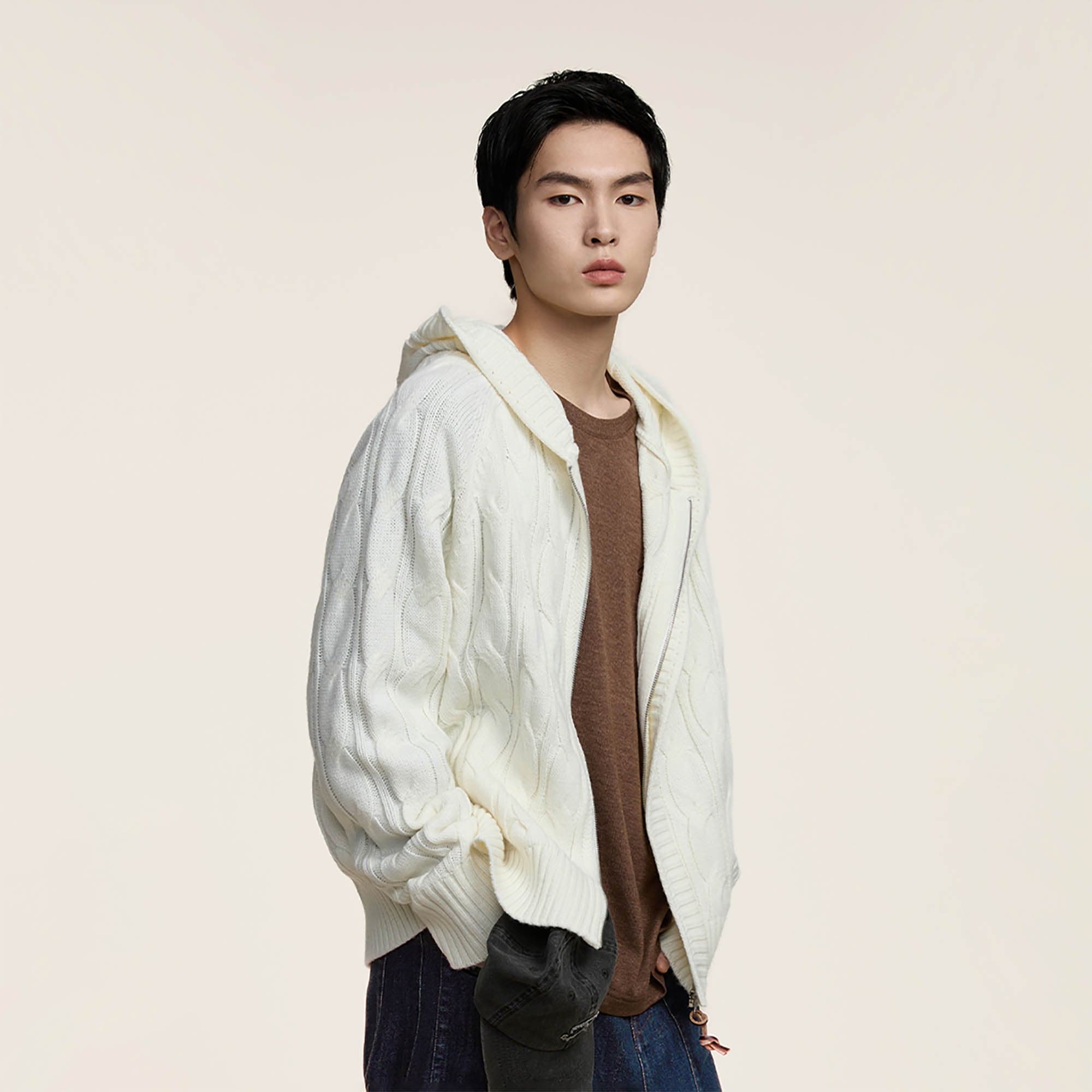 OPICLOTH Cable-Knit Zip-Up Hooded Cardigan-Jacket-XS-Grey-Free Shipping Leatheretro