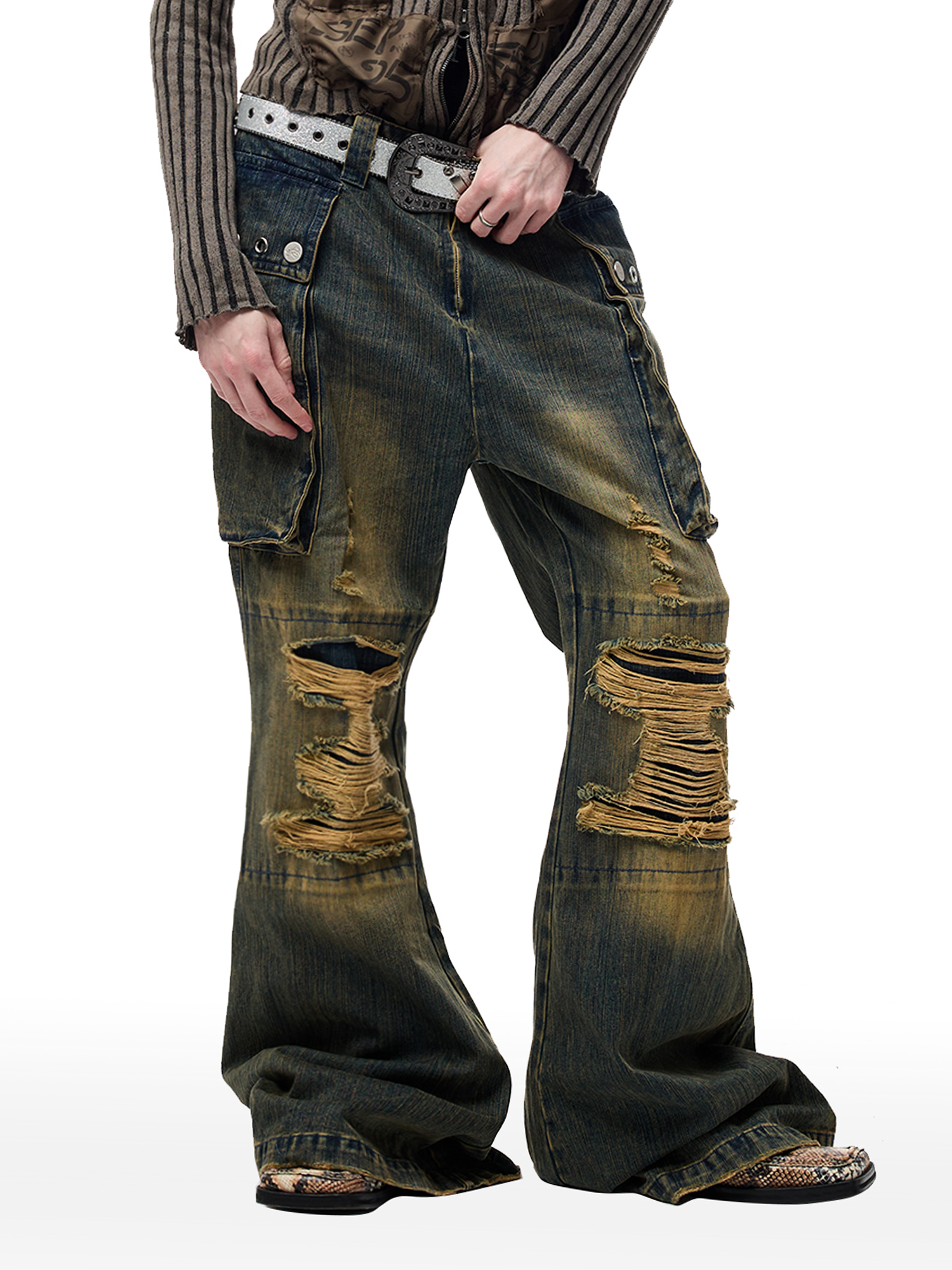 CYCYCY Distressed Big-Pocket Flared Jeans-Jeans-XXS / 27"-Free Shipping Leatheretro