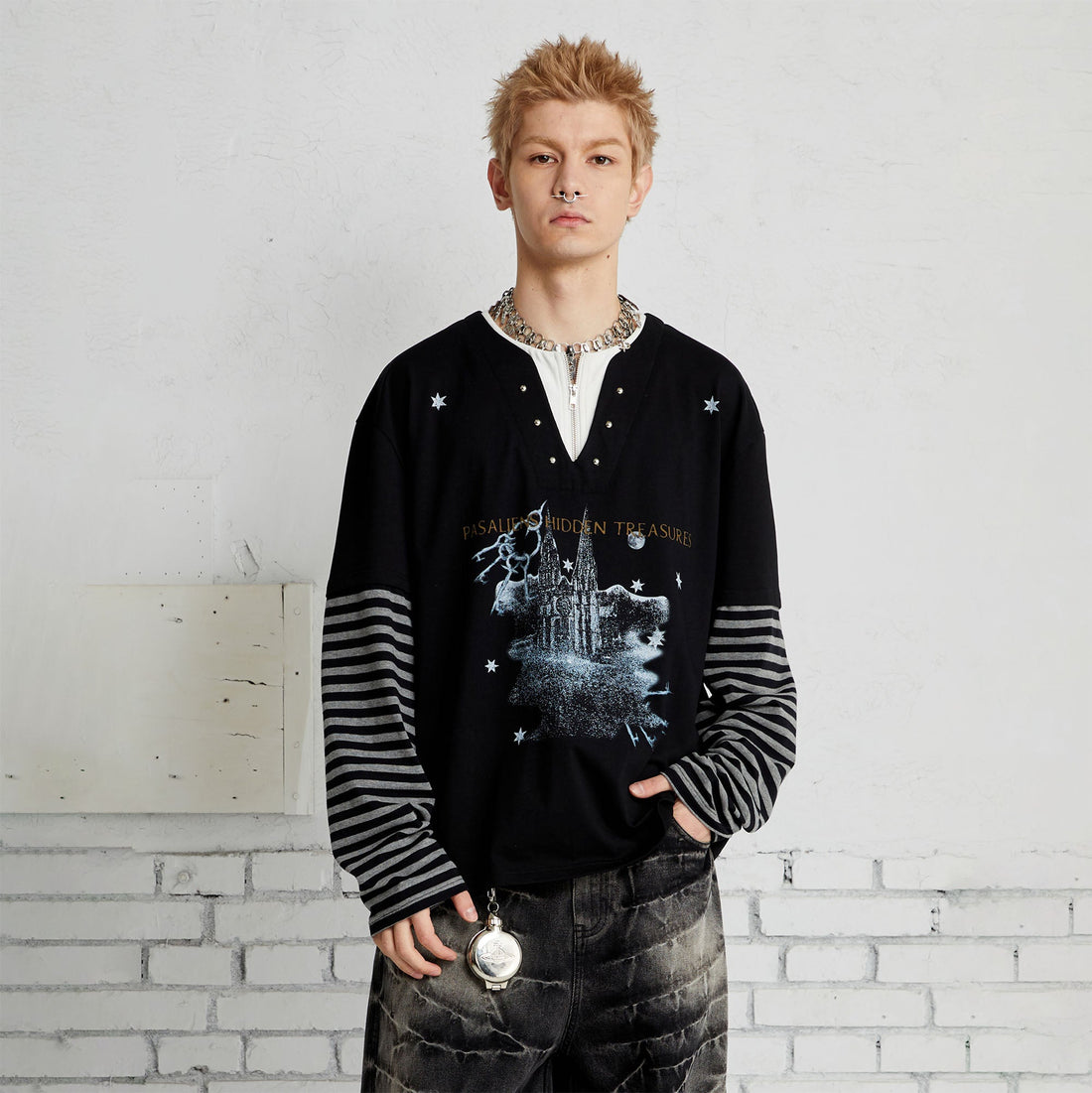 PASET Layered Stripe Graphic Long-Sleeve Tee-L/S Tee-XS-Black-Free Shipping Leatheretro