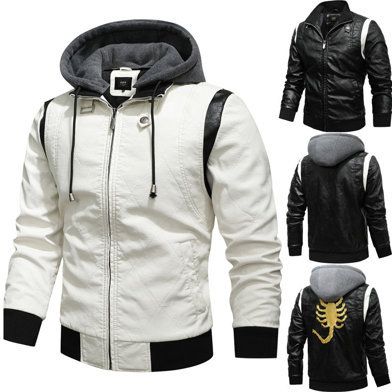 Plus-Size Men's Faux Leather Jacket with Stand Collar & Knit Hood-White-Euro code S-Free Shipping Leatheretro