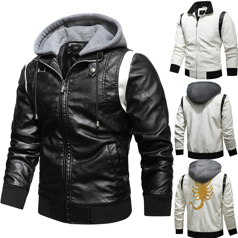 Plus-Size Men's Faux Leather Jacket with Stand Collar & Knit Hood-White-Euro code S-Free Shipping Leatheretro