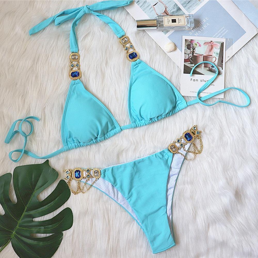 Sexy Rhinestone Metal Decoration Bikini-Women Swimwear-Sky Blue-S-Free Shipping Leatheretro