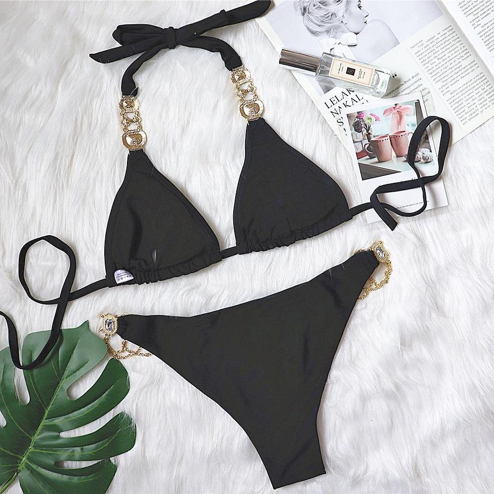 Sexy Rhinestone Metal Decoration Bikini-Women Swimwear-White-S-Free Shipping Leatheretro