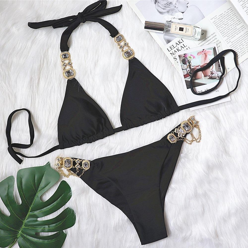 Sexy Rhinestone Metal Decoration Bikini-Women Swimwear-Black-S-Free Shipping Leatheretro