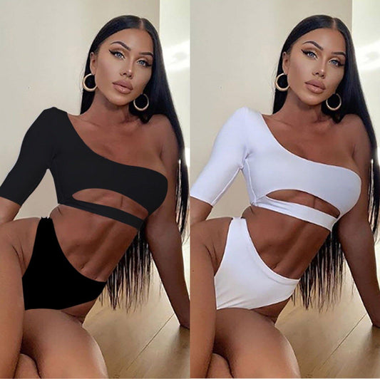 One Shoulder Half Sleeves Summer Beach Tankini-Women Swimwear-White-S-Free Shipping Leatheretro