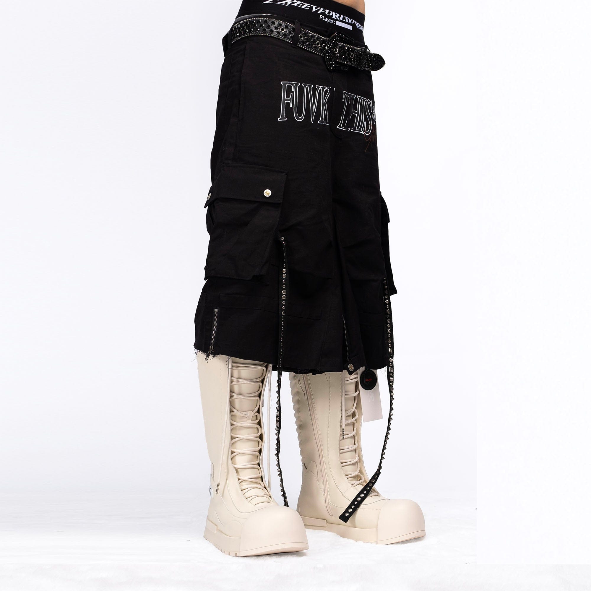 FVVO Distressed Rivet Strap Cargo Shorts Black-Shorts-S-Free Shipping Leatheretro