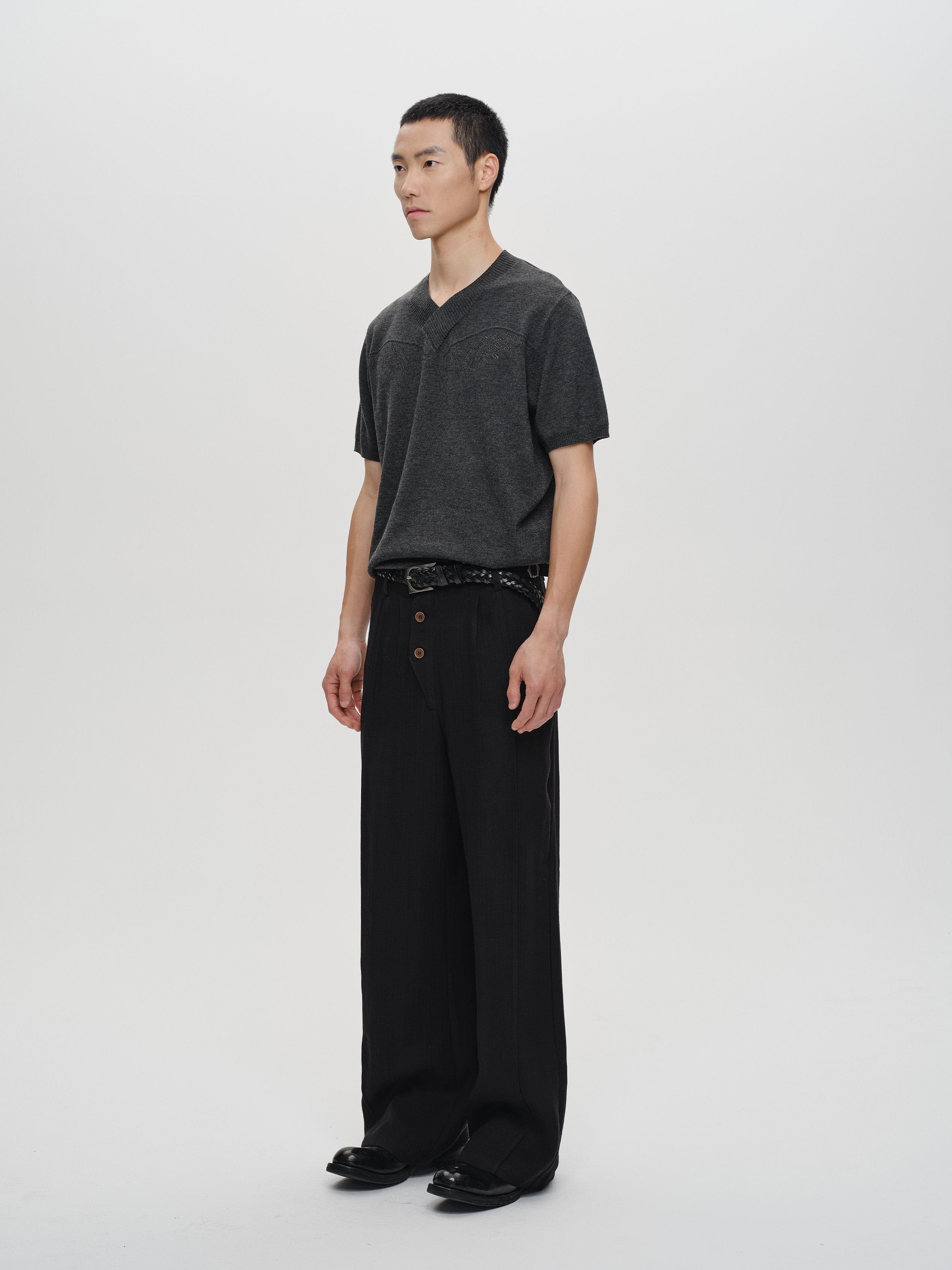 CATSSTAC Linen-Tencel Pleated Straight-Leg Trousers-Pants-Black-M-Free Shipping Leatheretro