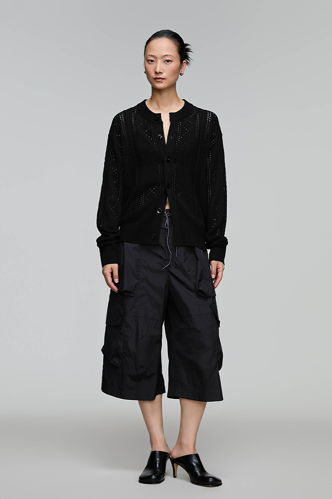 OPICLOTH Eyelet Knit Button-Up Cardigan-Jacket-XS-Grey-Free Shipping Leatheretro