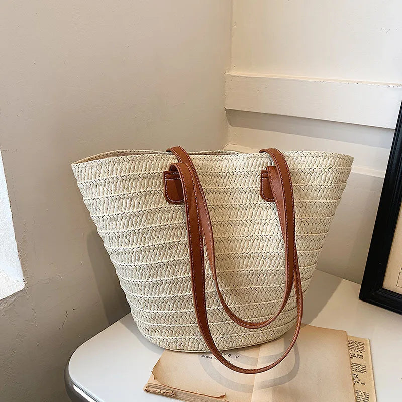 Luxury Designer Straw Tote Bag for Women-Tote Bag-Beige-Free Shipping Leatheretro