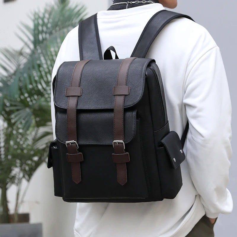 Stylish Men’s PU Leather Laptop Backpack – Large Capacity School & Travel Bag-Backpacks-Black-Free Shipping Leatheretro