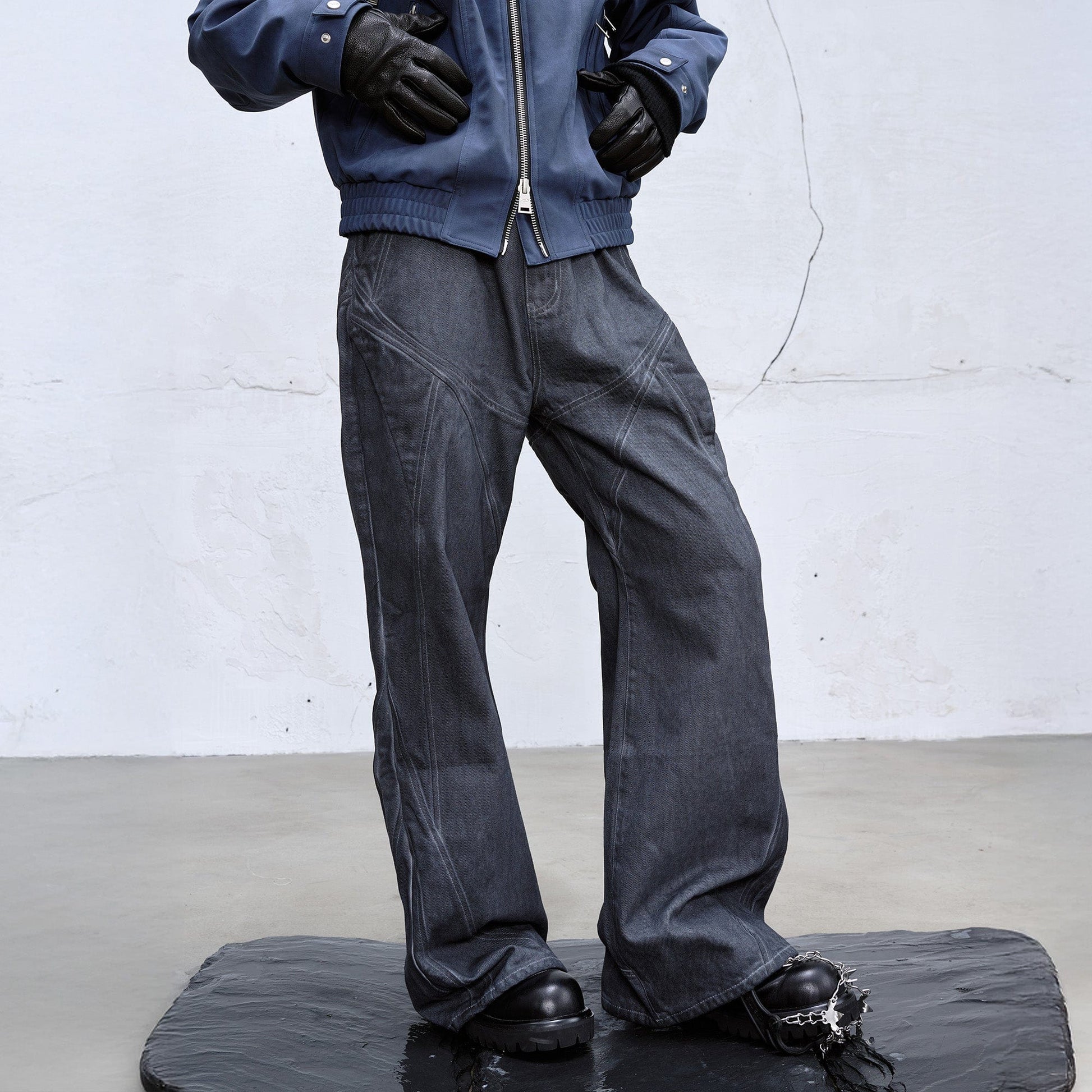 CATSSTAC Dyed Arc-Panel Wide-Leg Jeans-Jeans-Black-M-Free Shipping Leatheretro