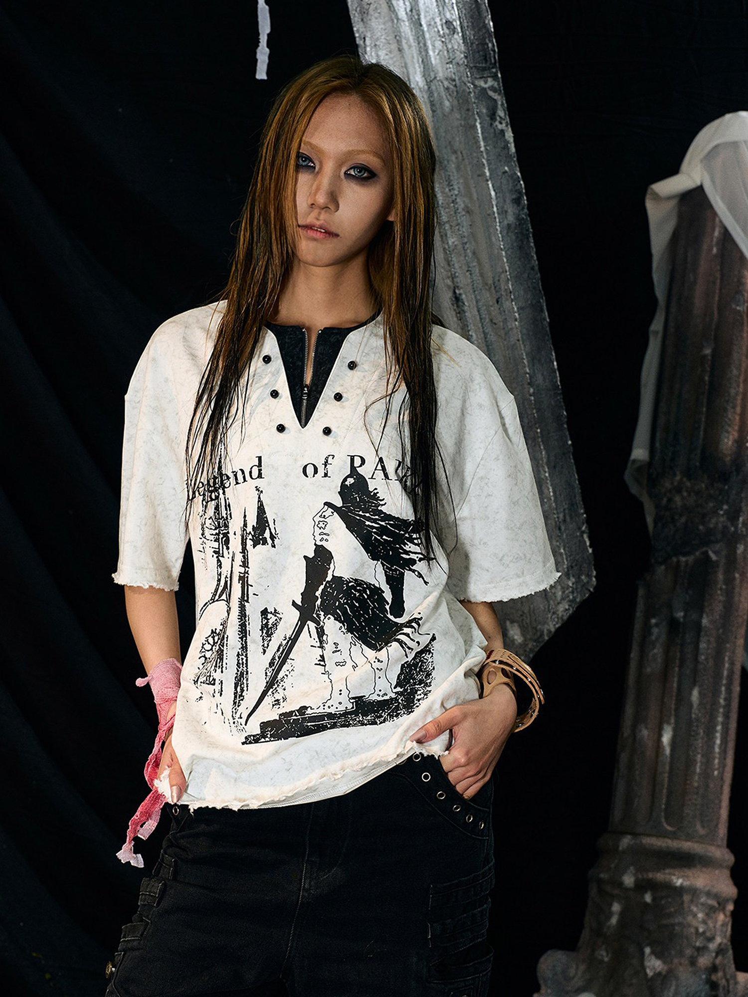 PAIKI Castle Graphic Henley Layered Tee-T Shirt-S-Black-Free Shipping Leatheretro