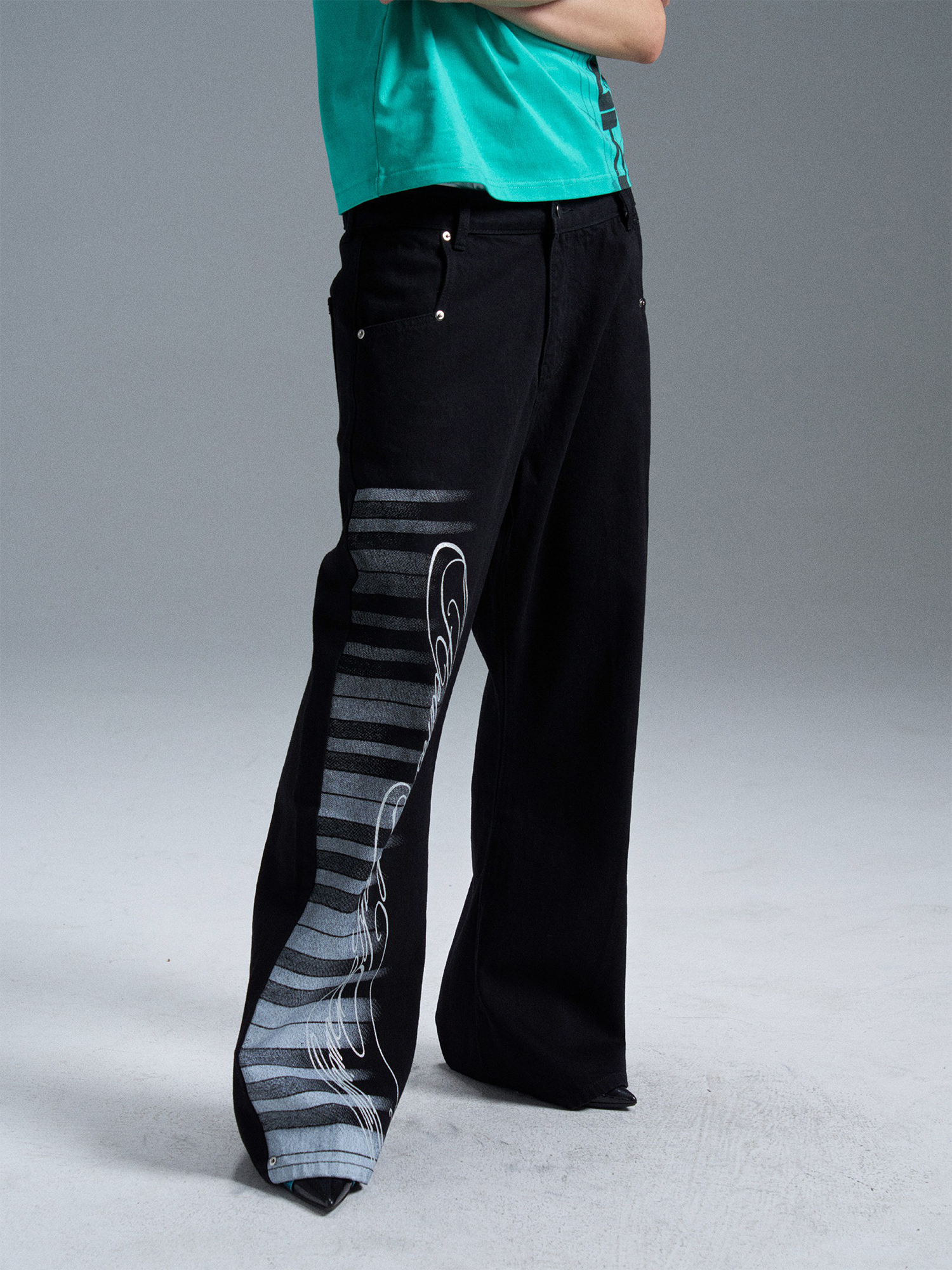 PAIKI Piano Key Script Foil Flared Jeans-Jeans-S / 31"-Black (Preorder)-Free Shipping Leatheretro