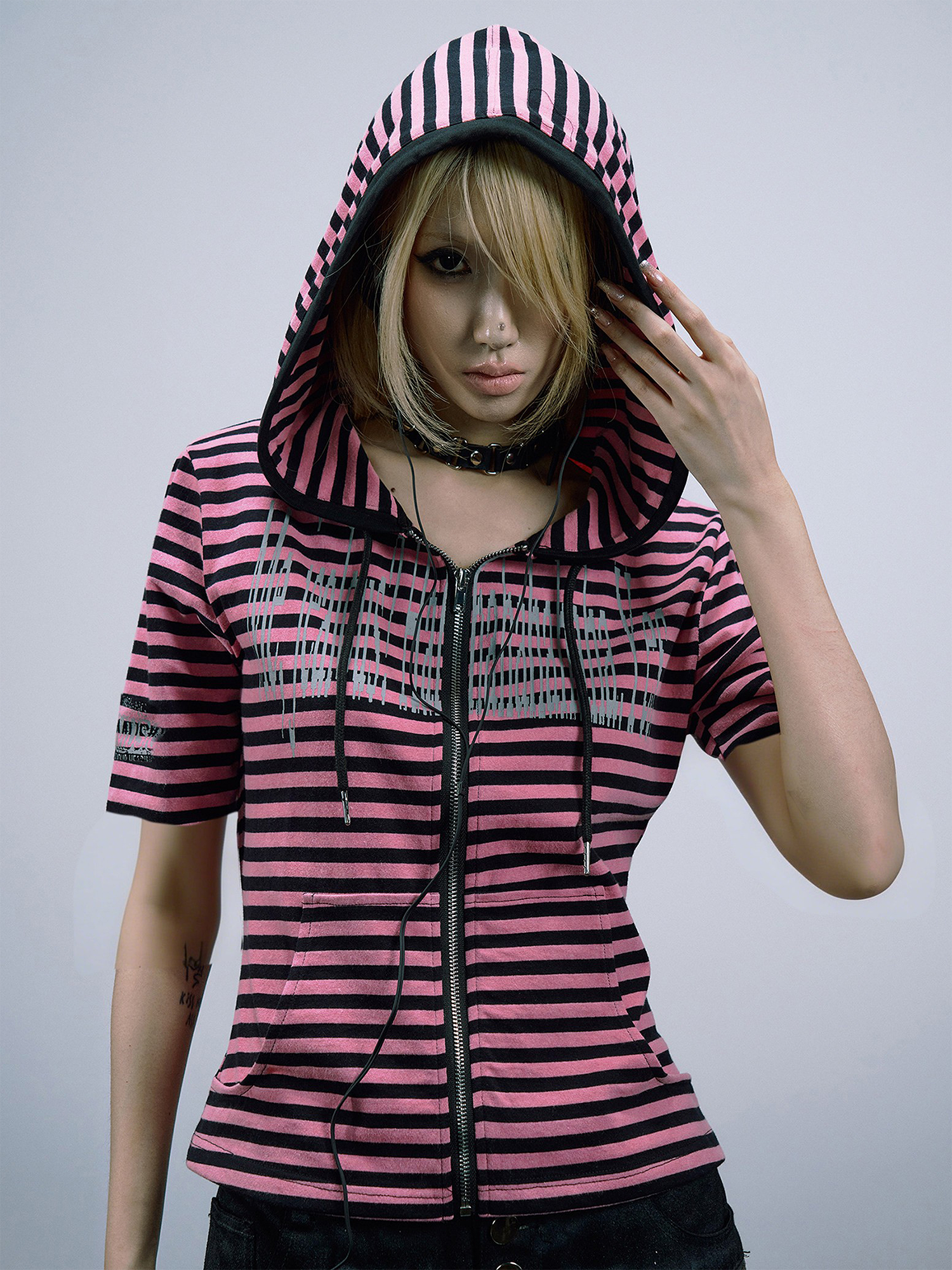 PAIKI Stripe Slogan Hooded Short-Sleeve Jacket-T Shirt-S-Black-Free Shipping Leatheretro
