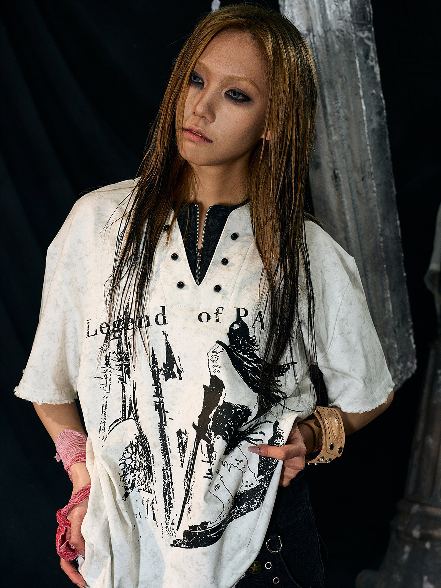 PAIKI Castle Graphic Henley Layered Tee-T Shirt-S-Black-Free Shipping Leatheretro