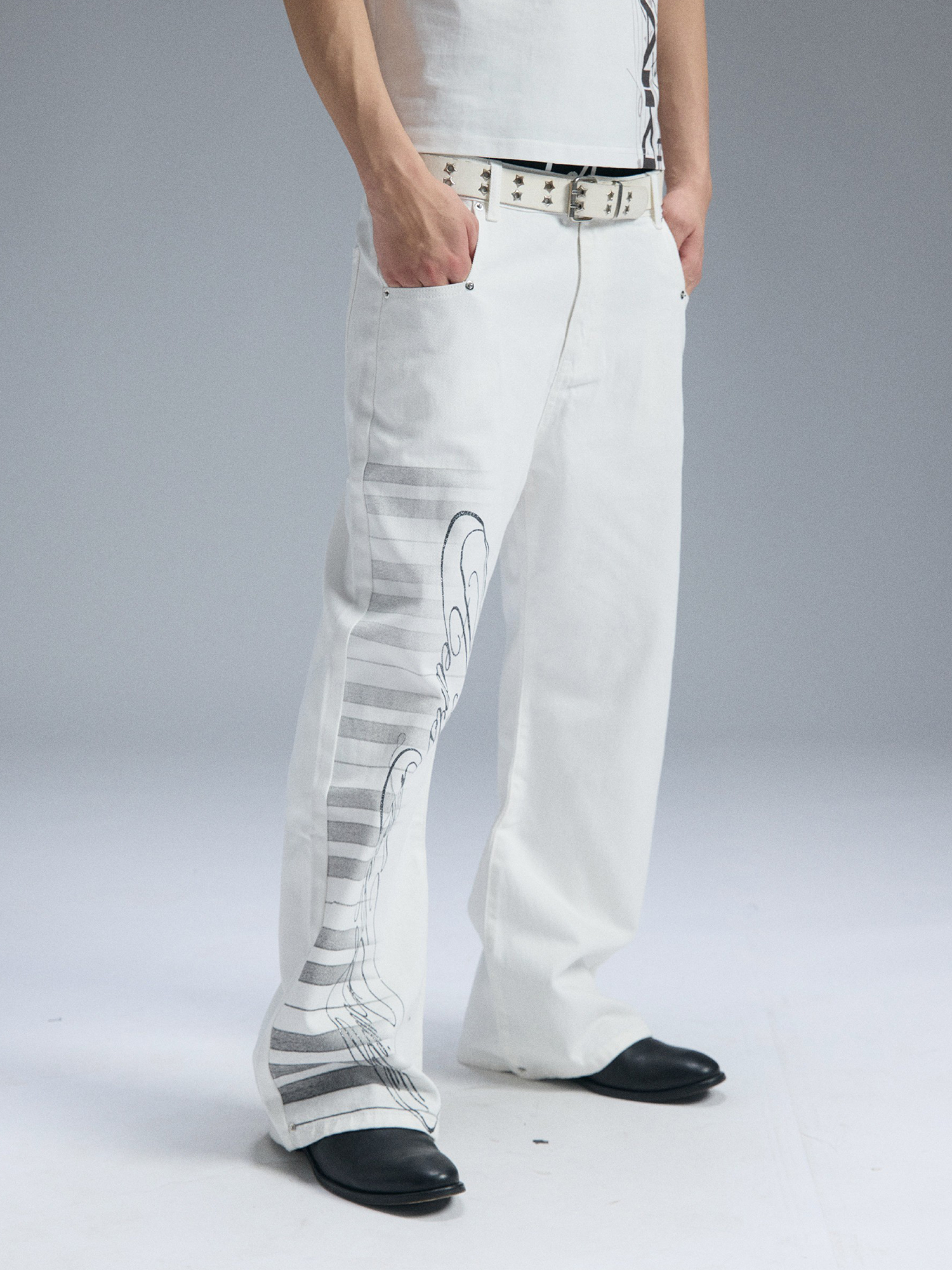 PAIKI Piano Key Script Foil Flared Jeans-Jeans-S / 31"-Black (Preorder)-Free Shipping Leatheretro