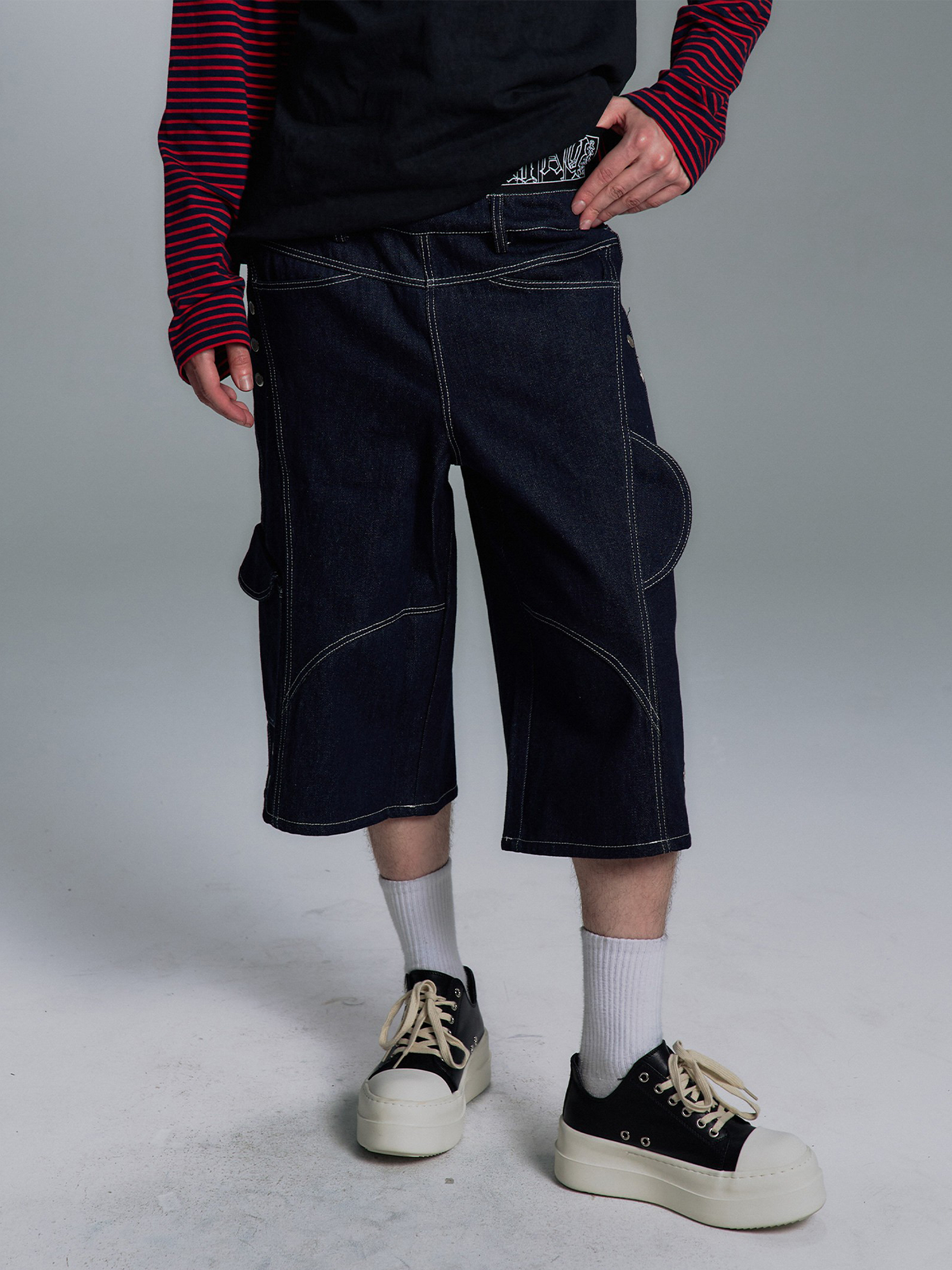 PAIKI Retro Double-Waist Contrast Stitch Cargo Shorts-Shorts-S / 29"-Black-Free Shipping Leatheretro