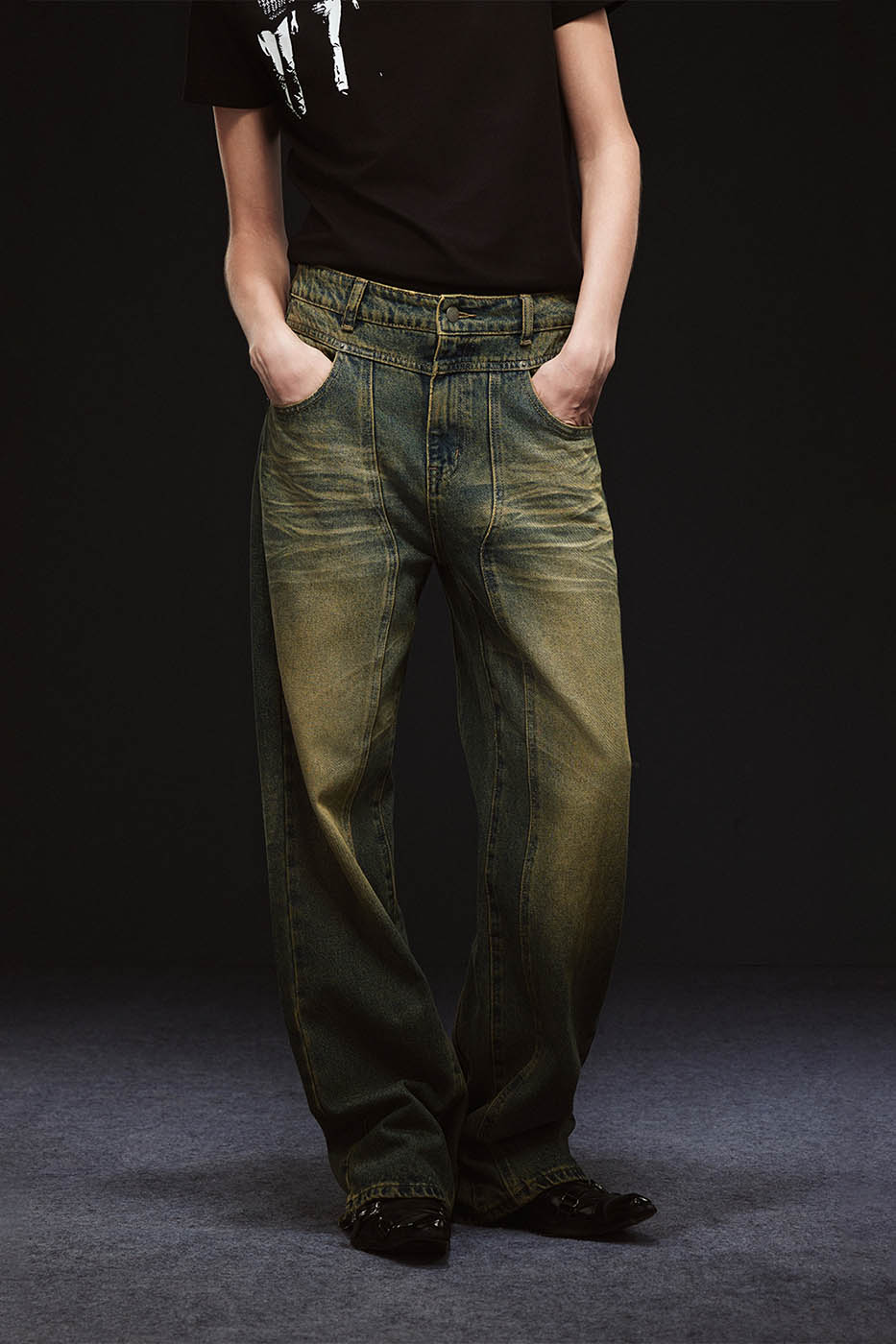 ARTIFICIAL WORLD Crinkled Straight-Leg Washed Jeans-Jeans-XS-Brown-Free Shipping Leatheretro