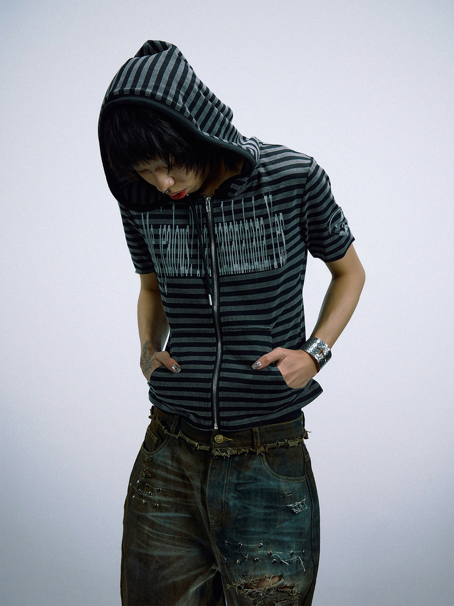 PAIKI Stripe Slogan Hooded Short-Sleeve Jacket-T Shirt-S-Black-Free Shipping Leatheretro