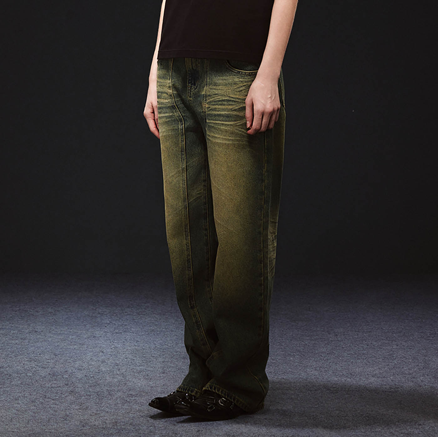 ARTIFICIAL WORLD Crinkled Straight-Leg Washed Jeans-Jeans-XS-Brown-Free Shipping Leatheretro