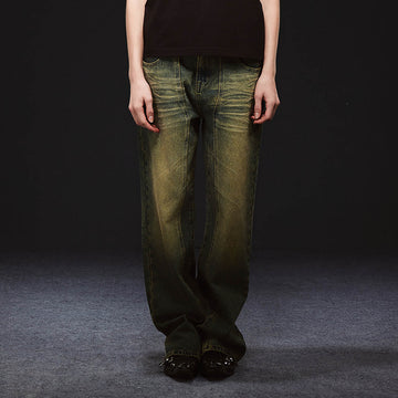ARTIFICIAL WORLD Crinkled Straight-Leg Washed Jeans-Jeans-XS-Brown-Free Shipping Leatheretro