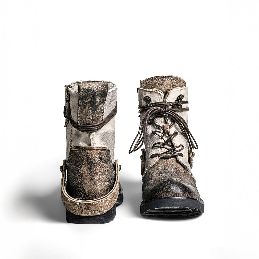 REWRITE Distressed Contrast Canvas-Leather Combat Boots-Shoes-38.5-Free Shipping Leatheretro