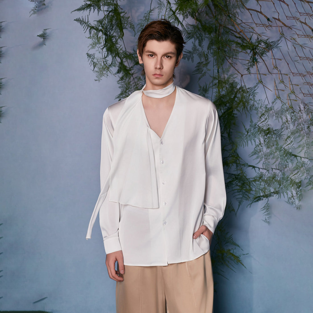 JIECHI Draped Satin Scarf-Collar Shirt-Shirt-M (Preorder)-Free Shipping Leatheretro