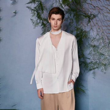 JIECHI Draped Satin Scarf-Collar Shirt-Shirt-M (Preorder)-Free Shipping Leatheretro