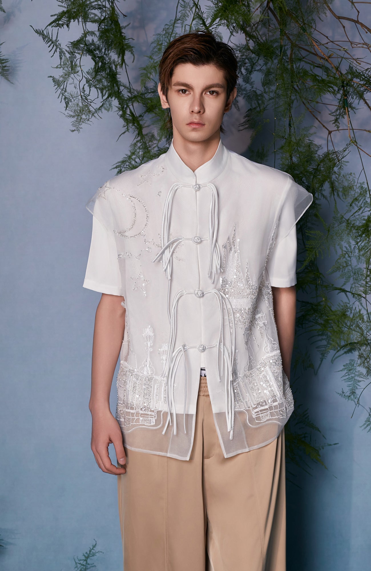 JIECHI Mandarin Embroidered Mesh Panel Half Shirt-Half shirt-M (Preorder)-Free Shipping Leatheretro