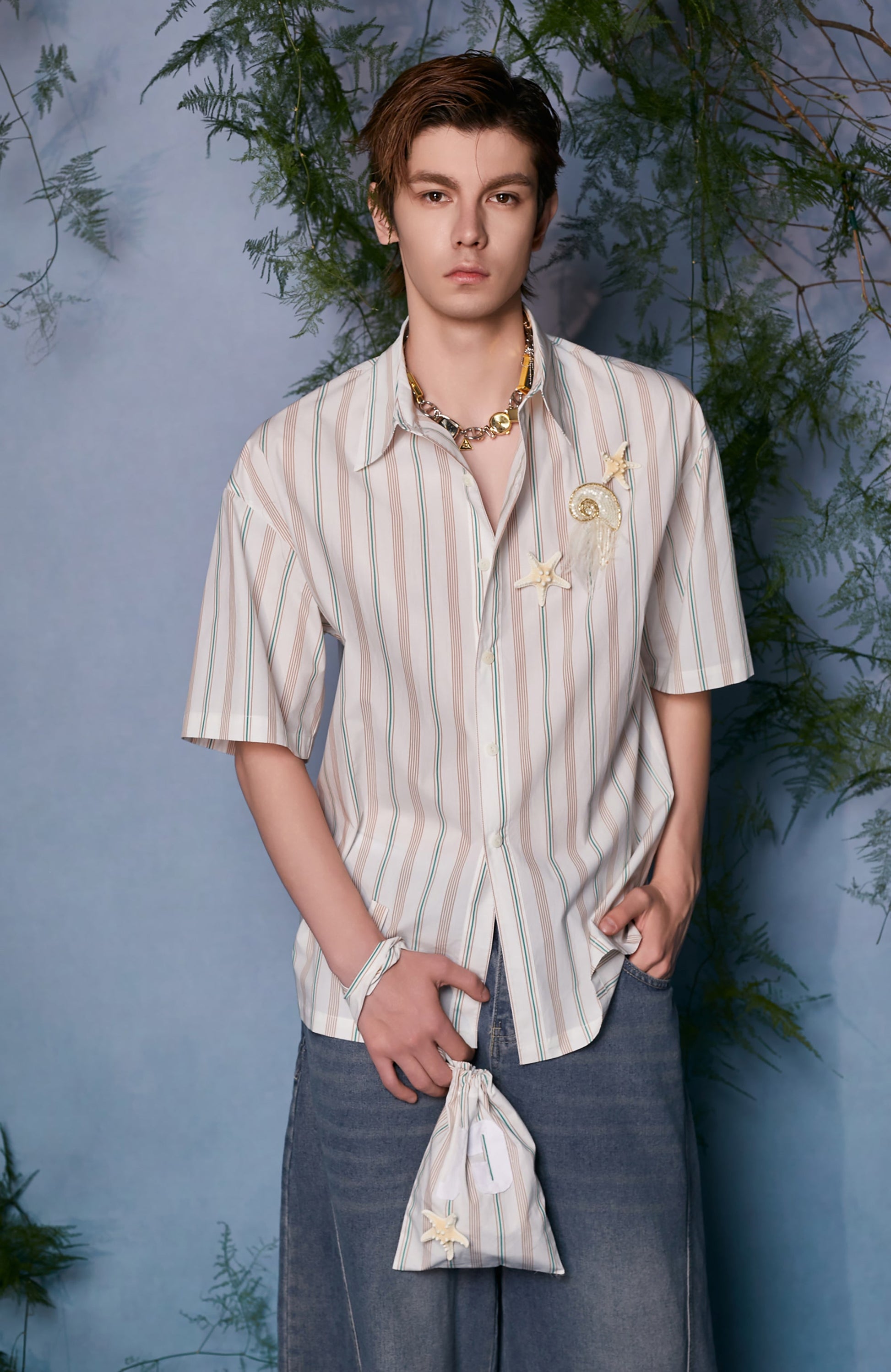 JIECHI Striped Shell-Embellished Half Shirt-Half shirt-M (Preorder)-Free Shipping Leatheretro