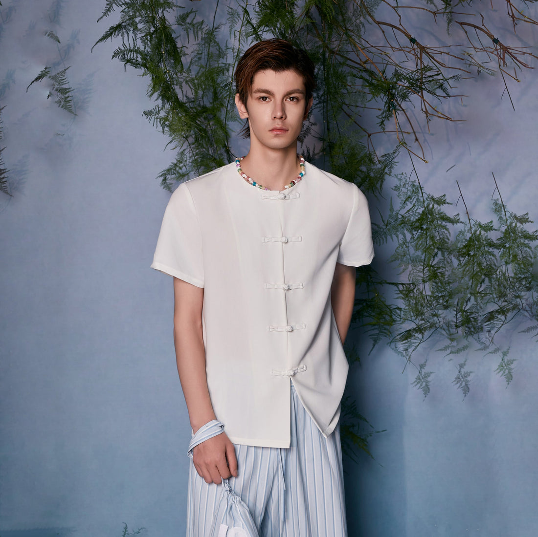 JIECHI Minimal Frog Button Beaded Half Shirt-Half shirt-M (Preorder)-Free Shipping Leatheretro