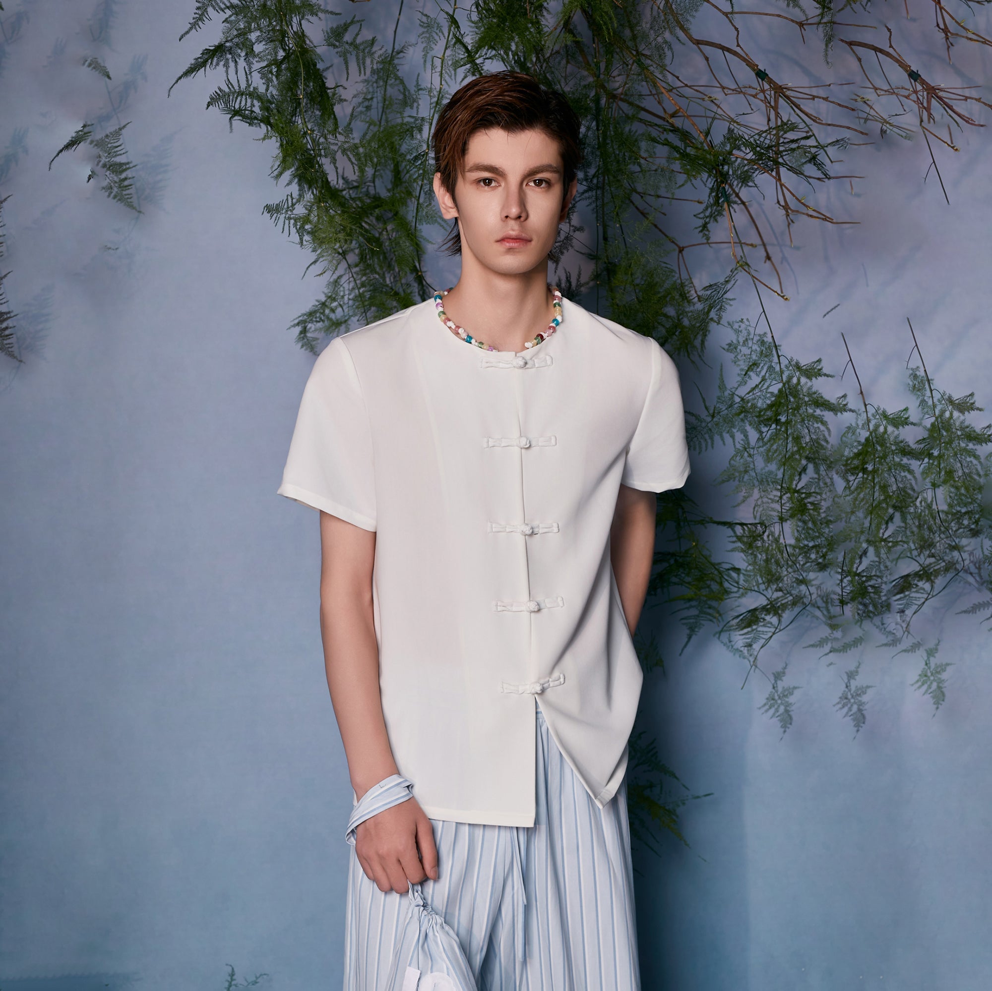 JIECHI Minimal Frog Button Beaded Half Shirt-Half shirt-M (Preorder)-Free Shipping Leatheretro