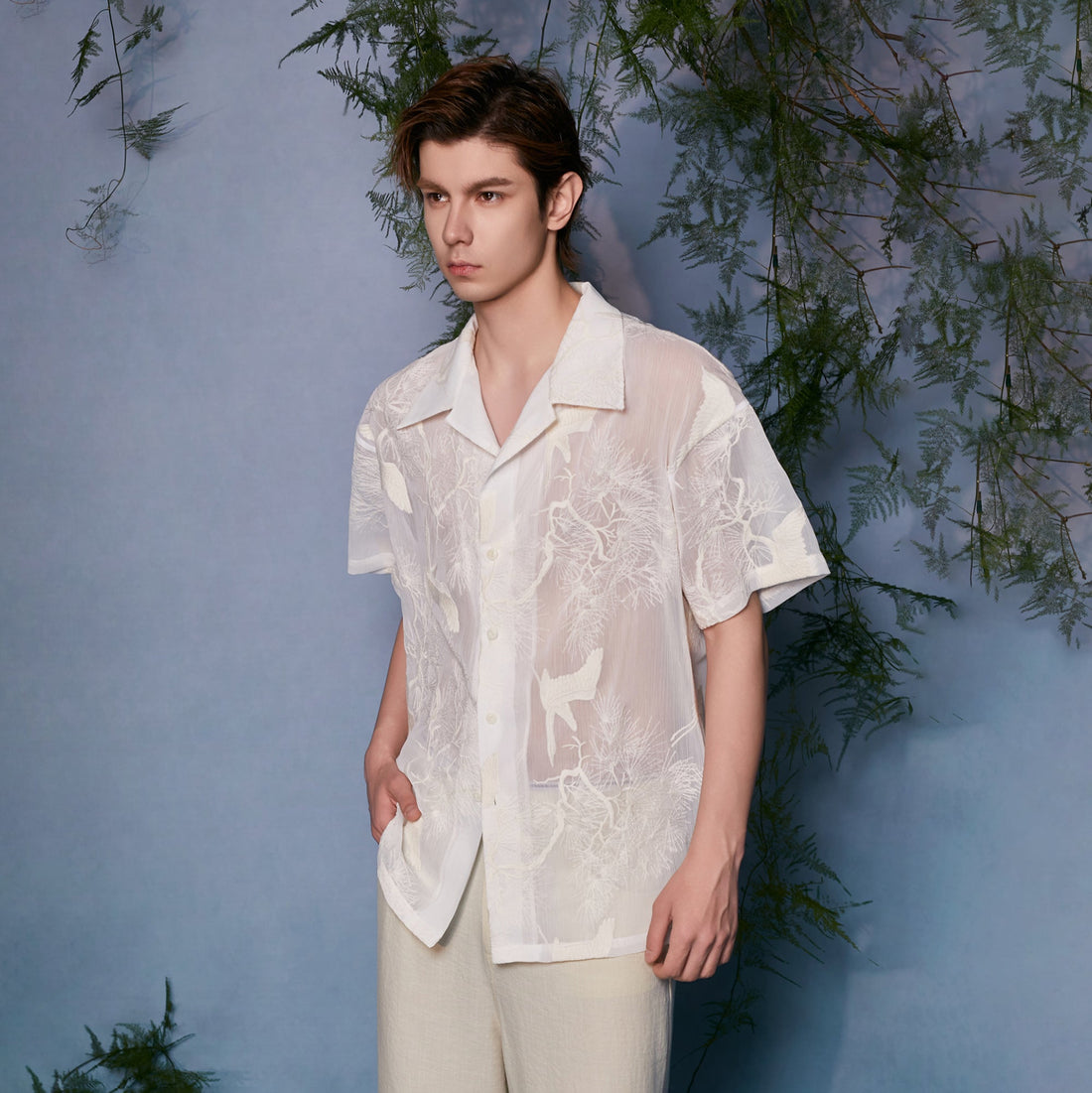 JIECHI Sheer Crane Embroidered Half Shirt-Half shirt-M (Preorder)-Free Shipping Leatheretro