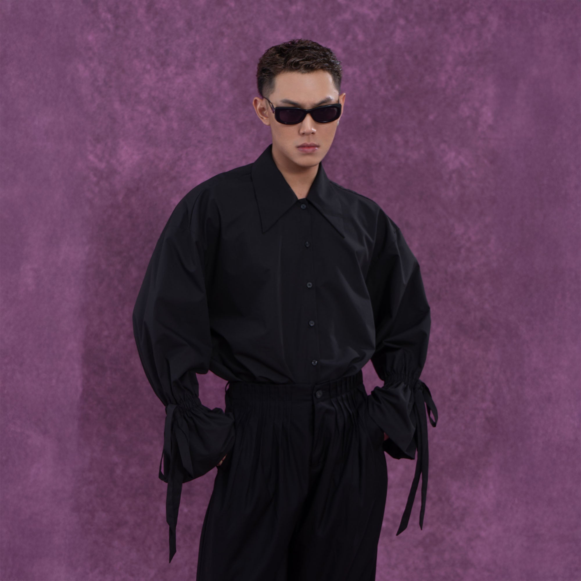 CLP Drawstring Ruffled Cuff Oversized Shirt-Shirt-S-Black-Free Shipping Leatheretro