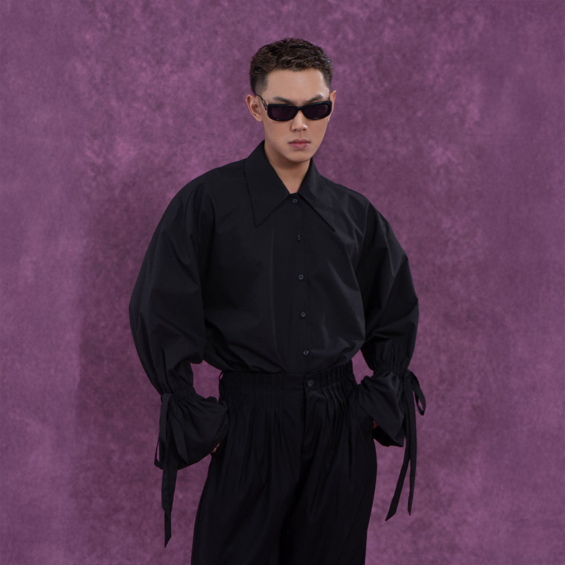 CLP Drawstring Ruffled Cuff Oversized Shirt-Shirt-S-Black-Free Shipping Leatheretro