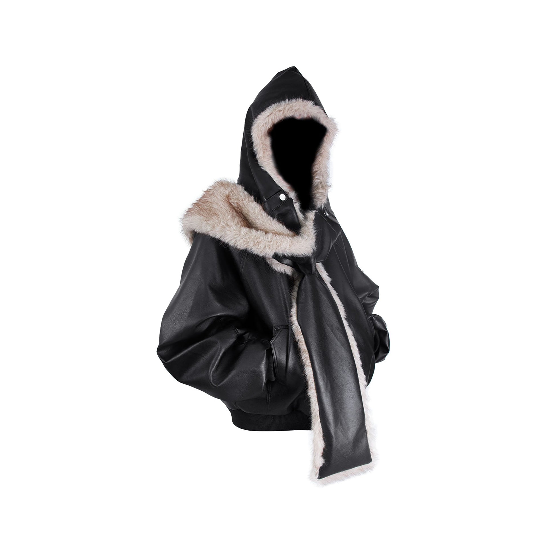 RELABEL Detachable Plush Scarf Ruched Hooded Jacket Black-Jacket-XS (Preorder)-Free Shipping Leatheretro