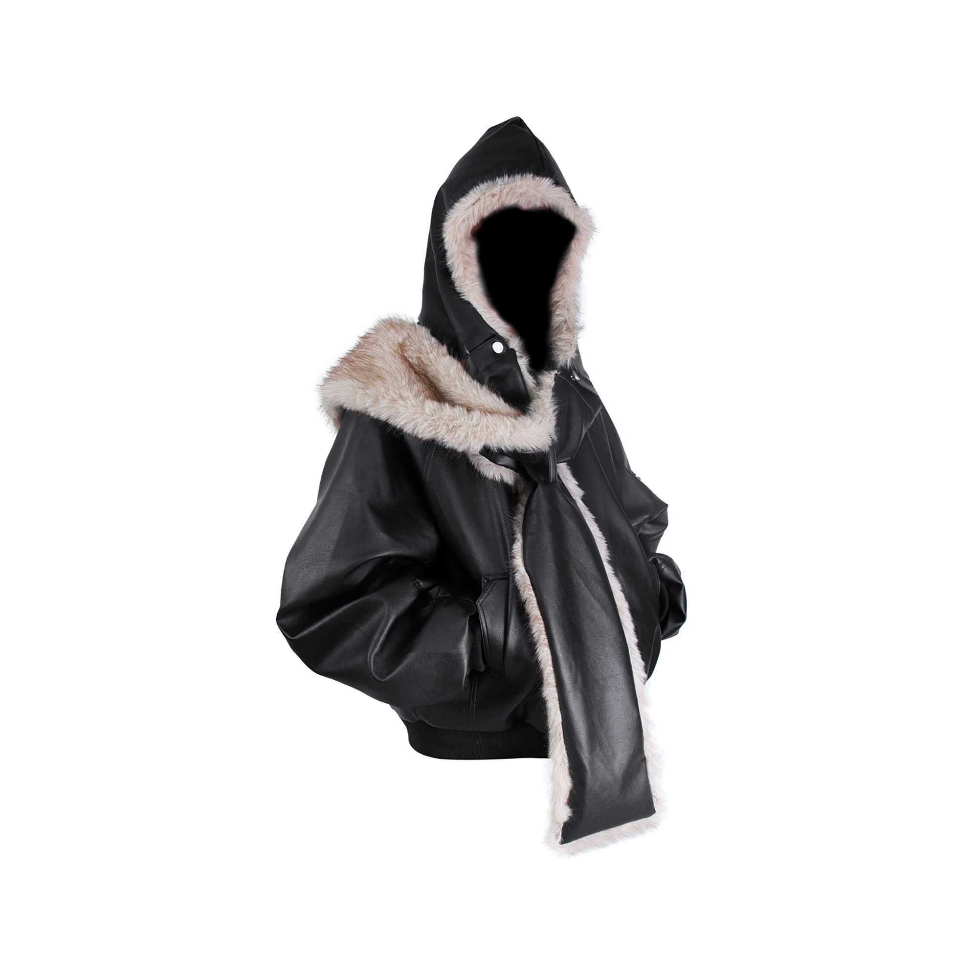 RELABEL Detachable Plush Scarf Ruched Hooded Jacket Black-Jacket-XS (Preorder)-Free Shipping Leatheretro