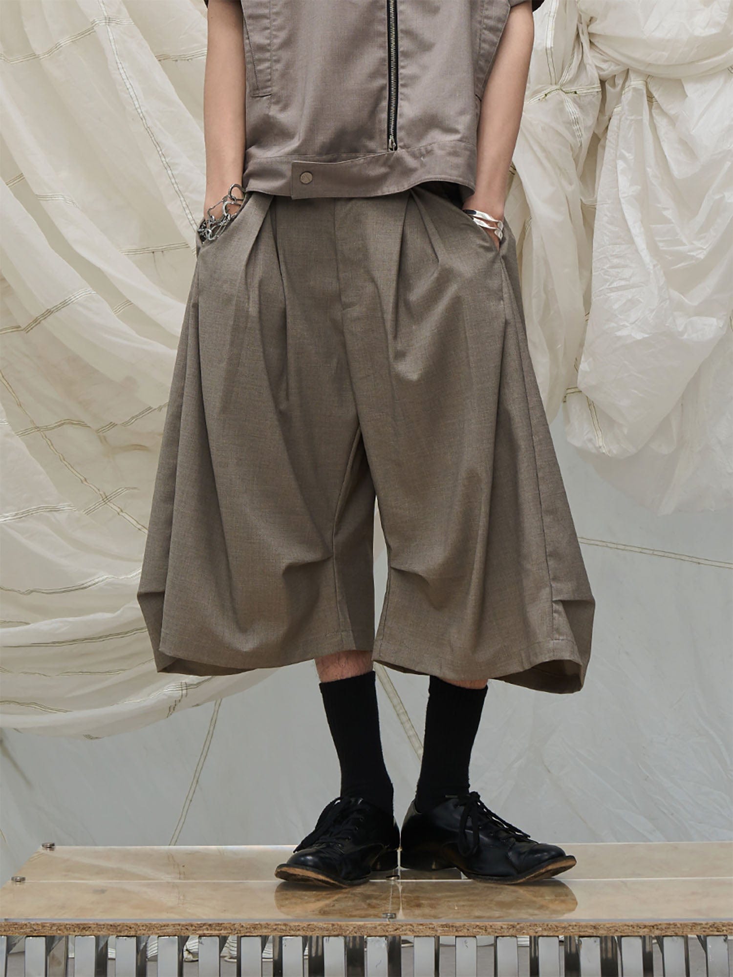 RELABEL Pleated Drape Wide-Leg Shorts-Shorts-XS-Khaki-Free Shipping Leatheretro