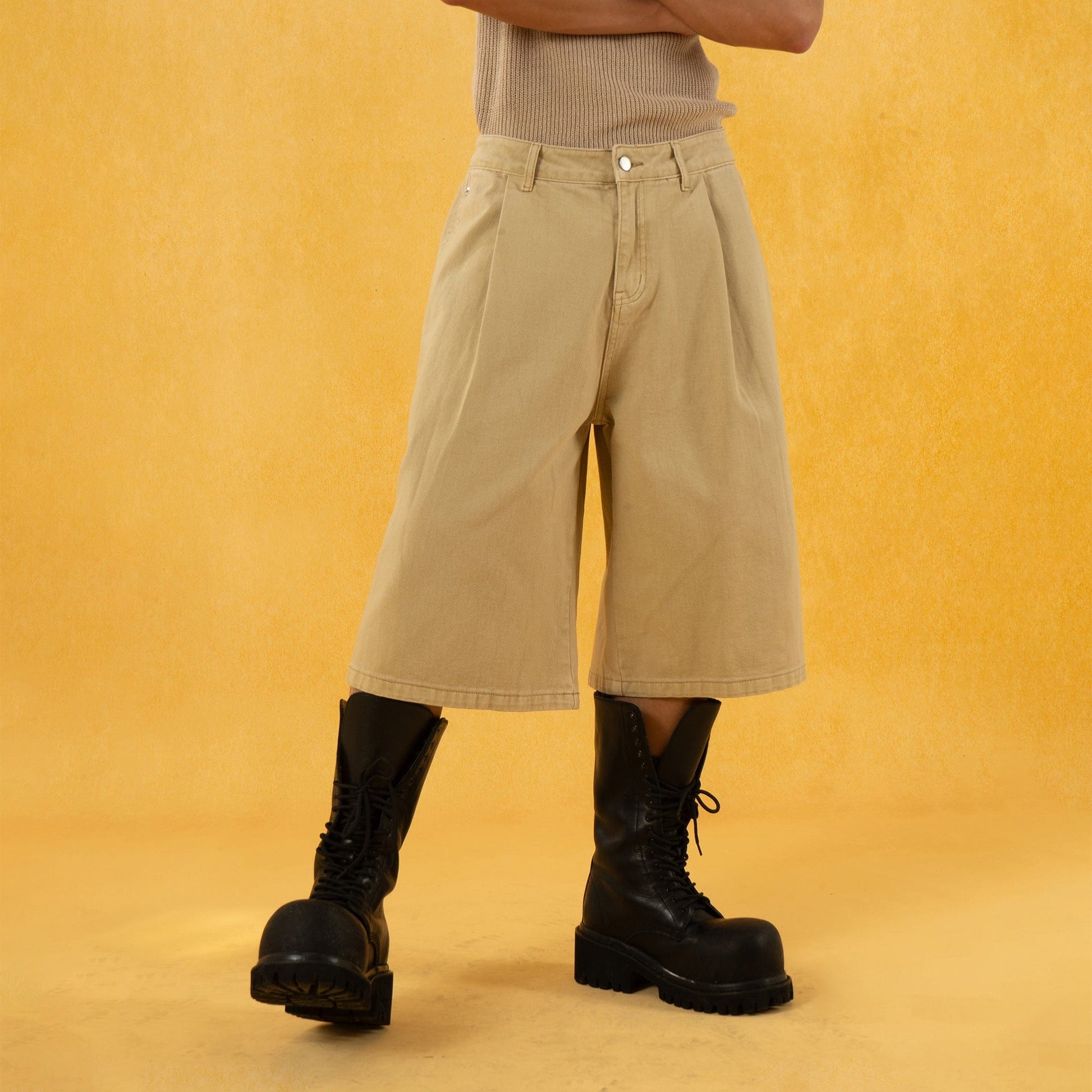 CLP Classic Rivet Pleated Oversized Shorts-Shorts-S-Khaki-Free Shipping Leatheretro