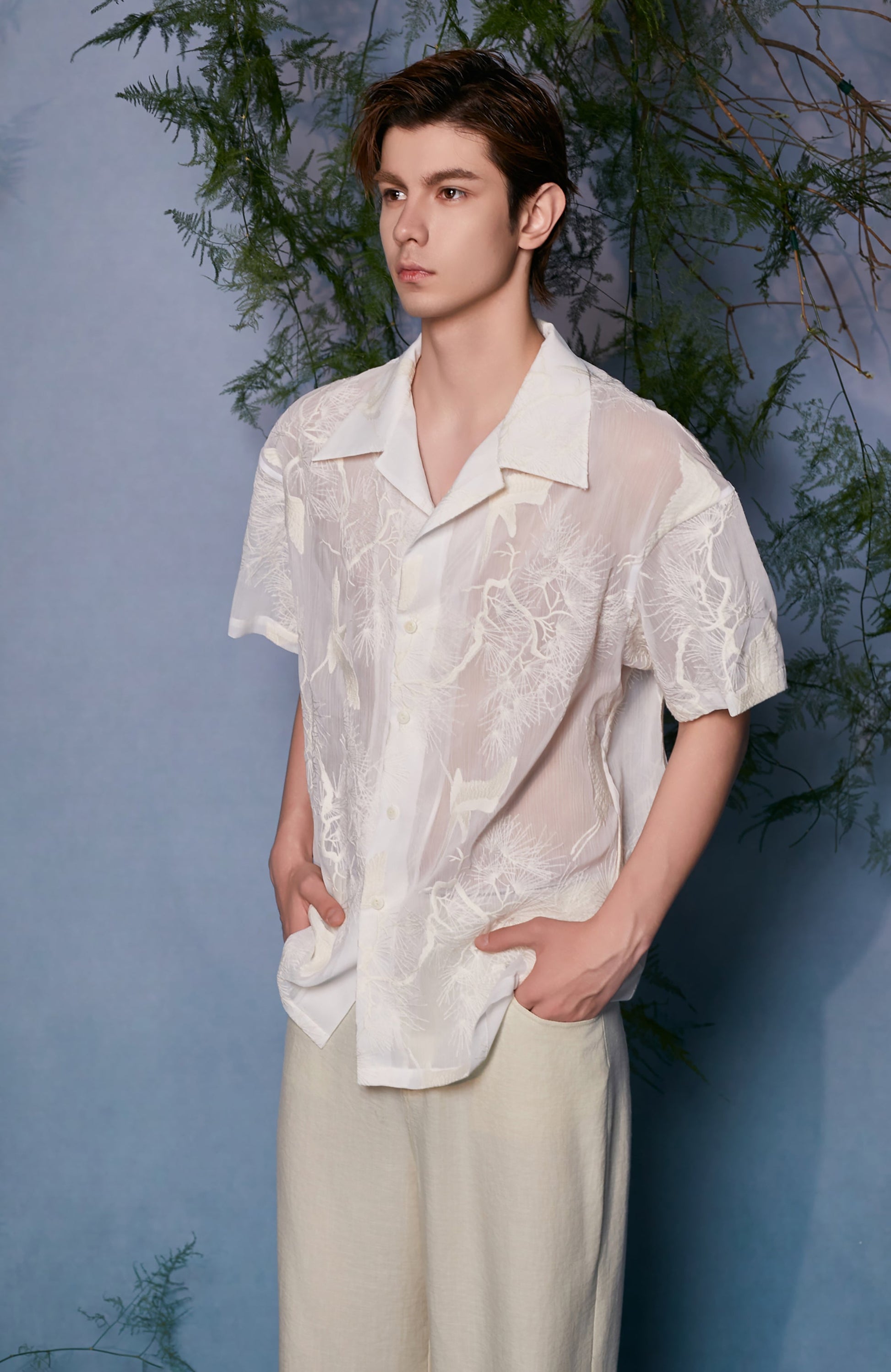 JIECHI Sheer Crane Embroidered Half Shirt-Half shirt-M (Preorder)-Free Shipping Leatheretro