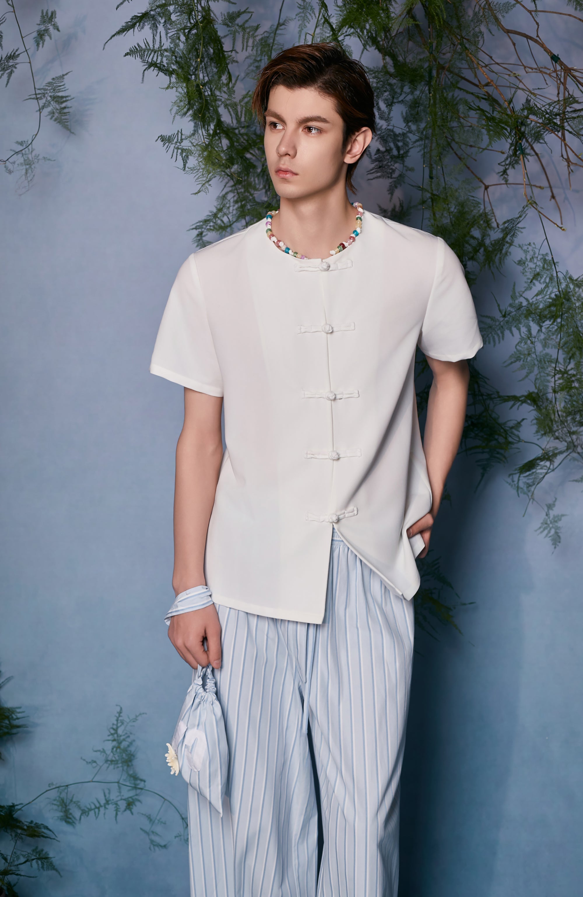 JIECHI Minimal Frog Button Beaded Half Shirt-Half shirt-M (Preorder)-Free Shipping Leatheretro