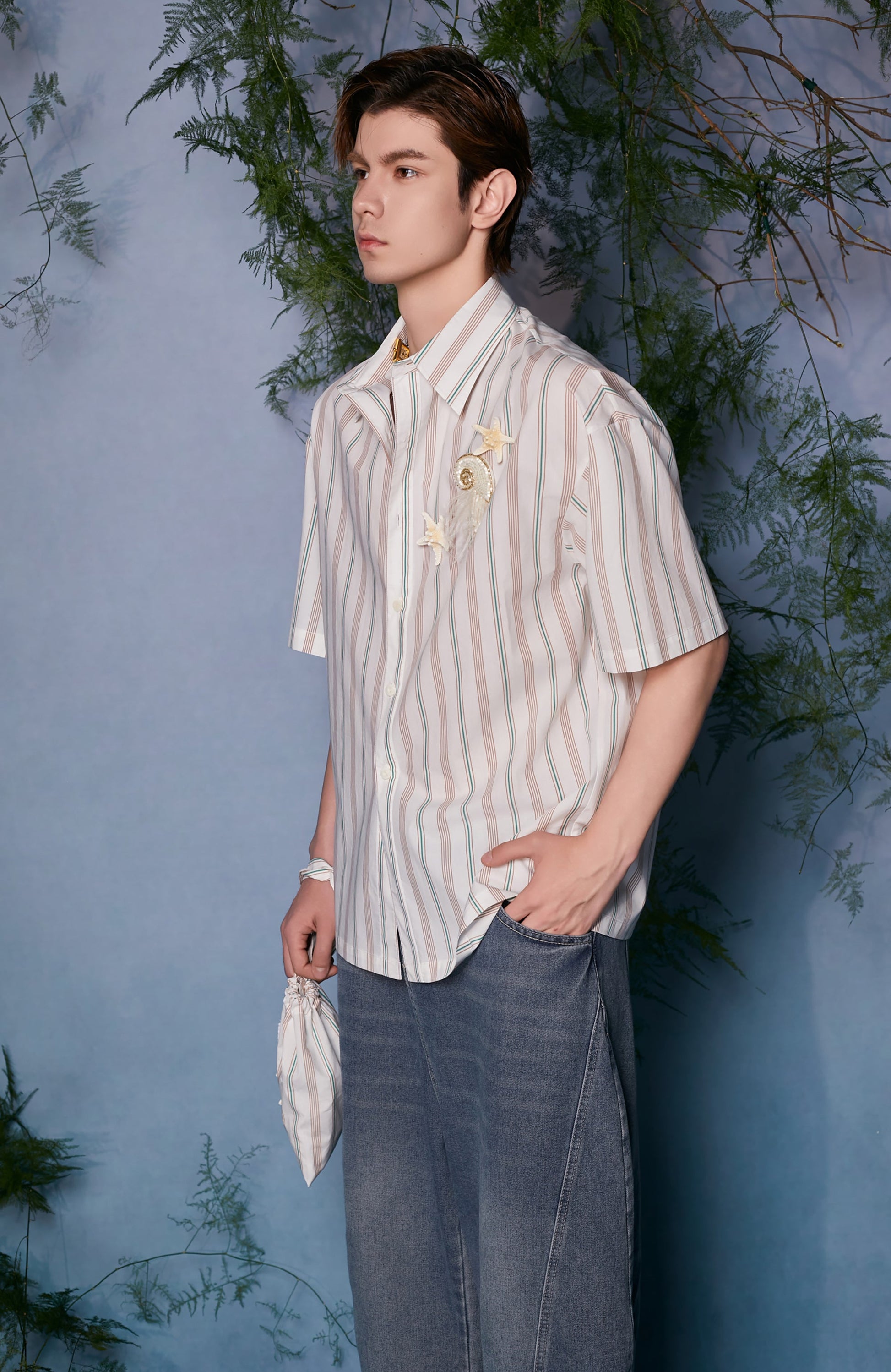 JIECHI Striped Shell-Embellished Half Shirt-Half shirt-M (Preorder)-Free Shipping Leatheretro