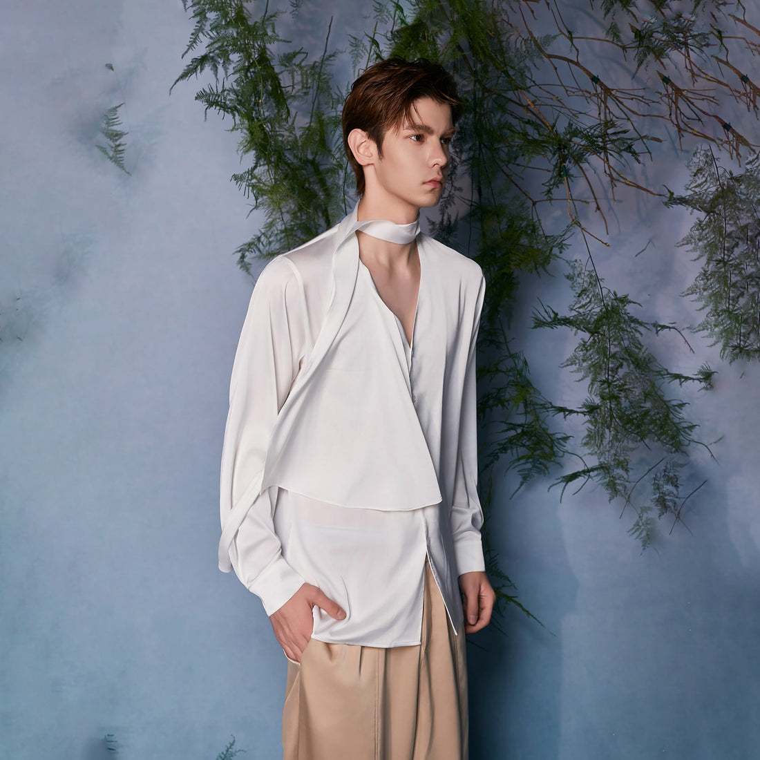 JIECHI Draped Satin Scarf-Collar Shirt-Shirt-M (Preorder)-Free Shipping Leatheretro