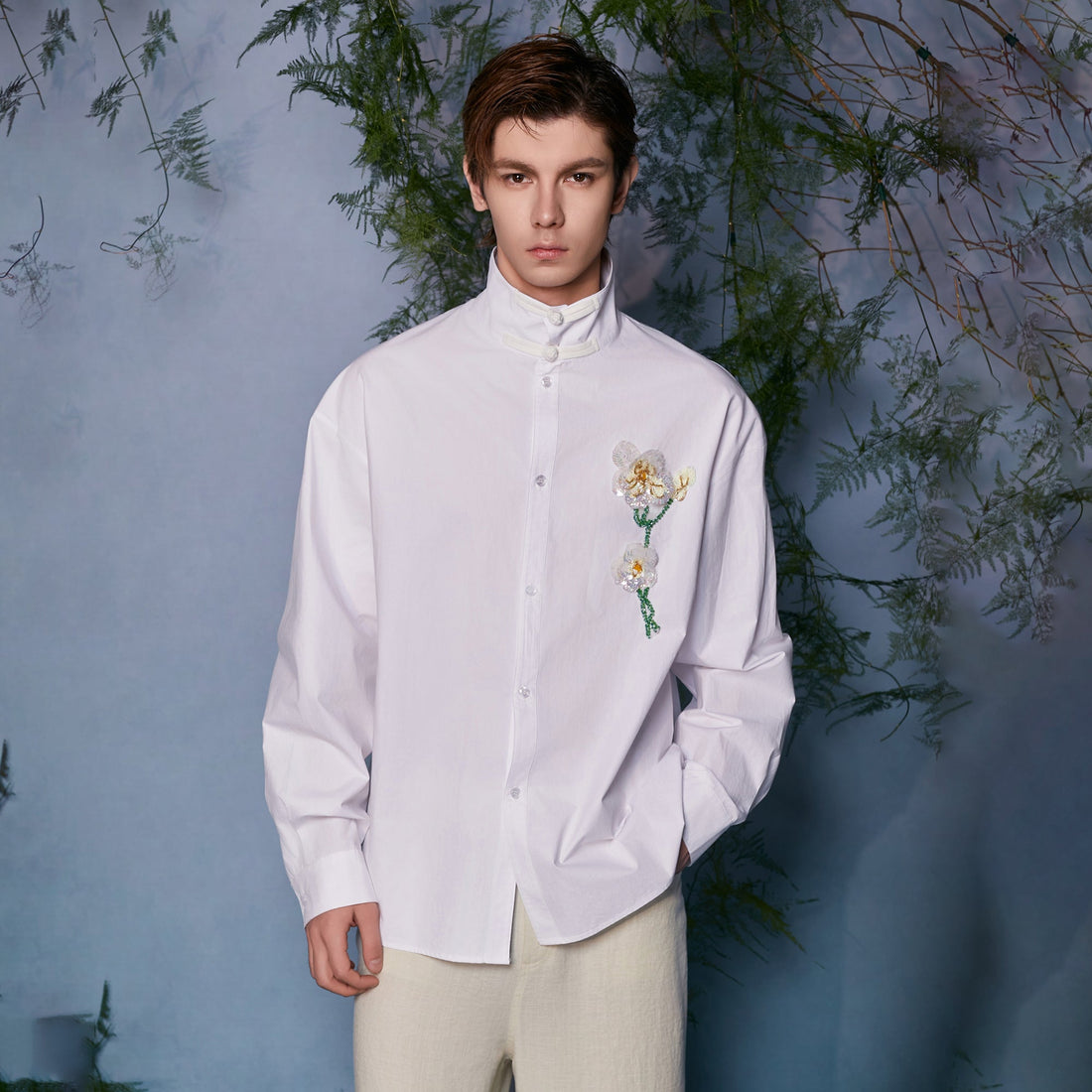 JIECHI Mandarin Collar Floral Embroidered Shirt-Shirt-M (Preorder)-Free Shipping Leatheretro