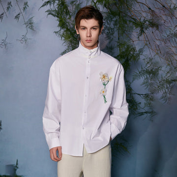 JIECHI Mandarin Collar Floral Embroidered Shirt-Shirt-M (Preorder)-Free Shipping Leatheretro