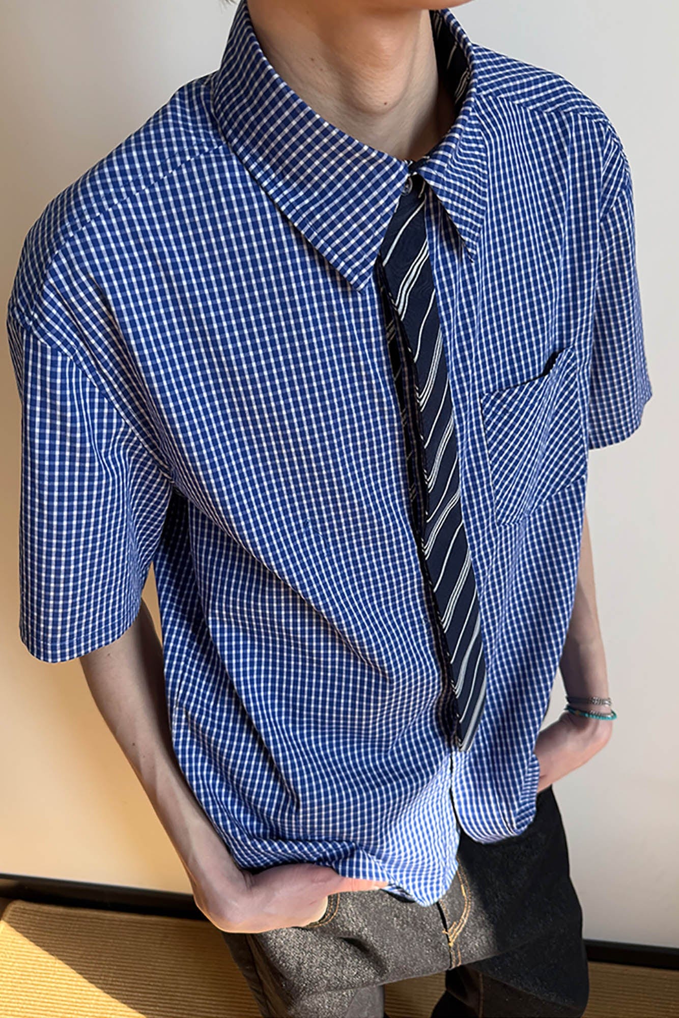 KREATE Preppy Half-Sleeve Shirt with Tie-Shirt-S-Blue-Free Shipping Leatheretro