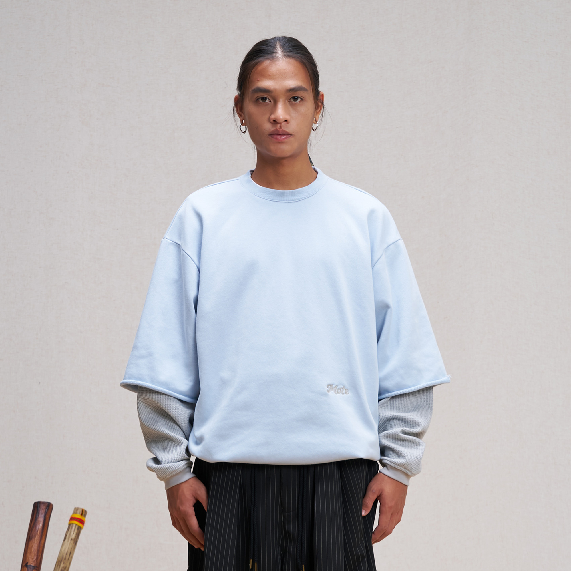 UNLIMITED MOTE Waffle Sleeve Layered Drawstring Hem Sweatshirt-Sweatshirt-XS-Blue-Free Shipping Leatheretro