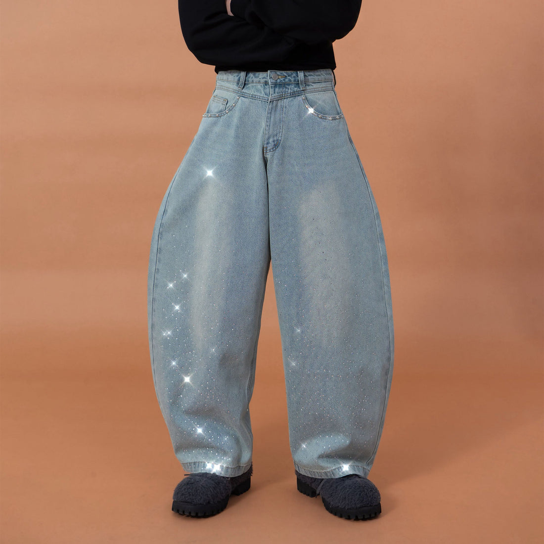 CLP Washed Diamond-Dusted Curved-Leg Jeans-Jeans-M (Preorder)-Free Shipping Leatheretro