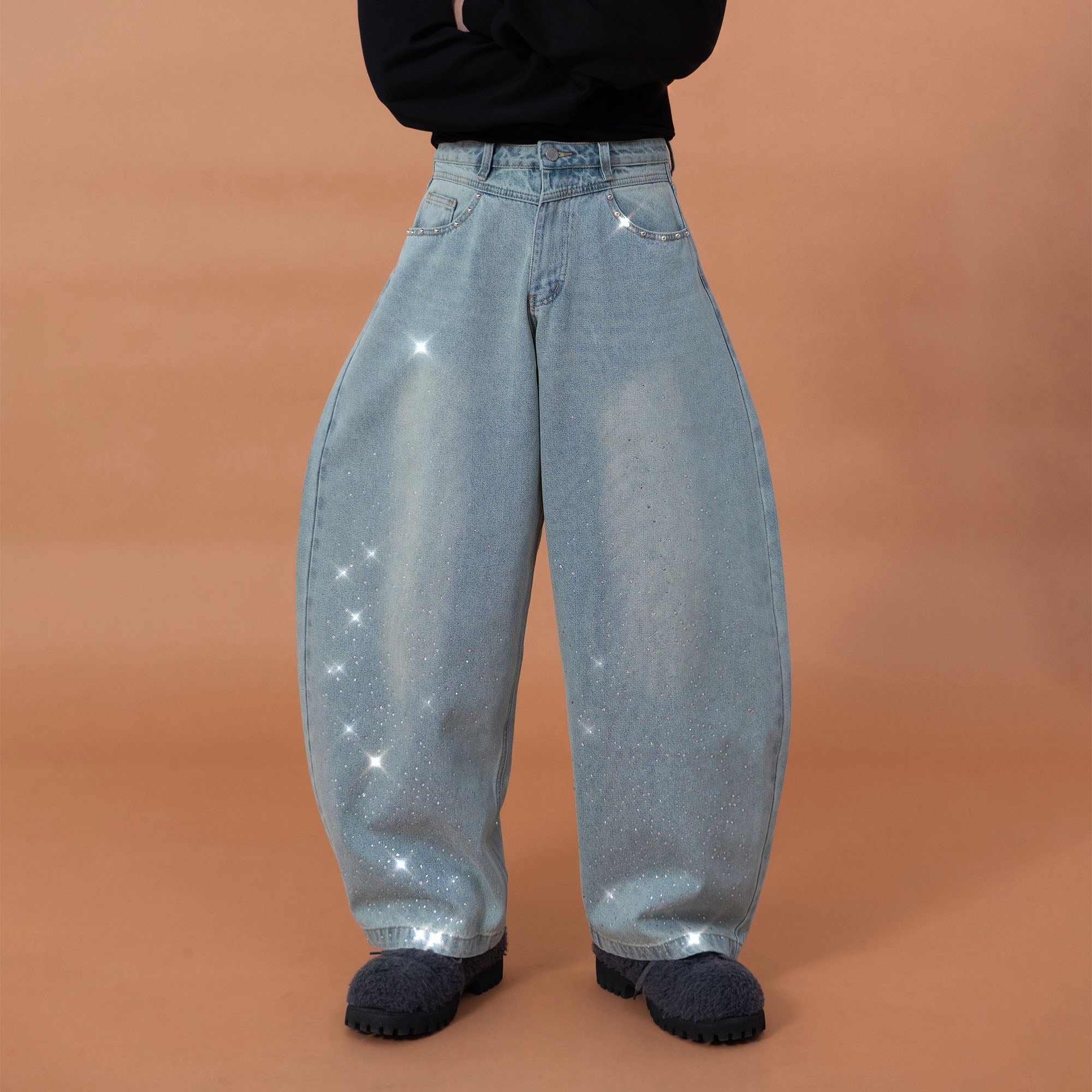 CLP Washed Diamond-Dusted Curved-Leg Jeans-Jeans-M (Preorder)-Free Shipping Leatheretro