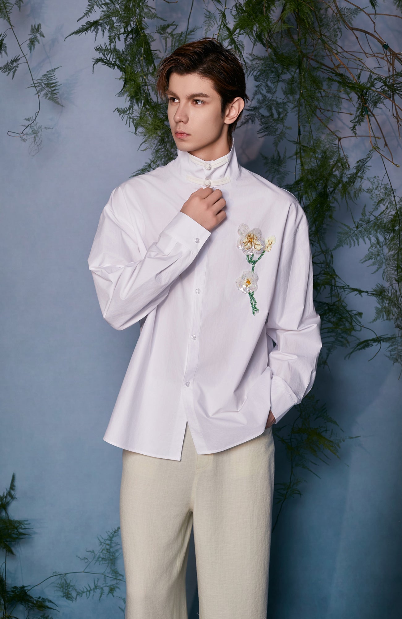 JIECHI Mandarin Collar Floral Embroidered Shirt-Shirt-M (Preorder)-Free Shipping Leatheretro